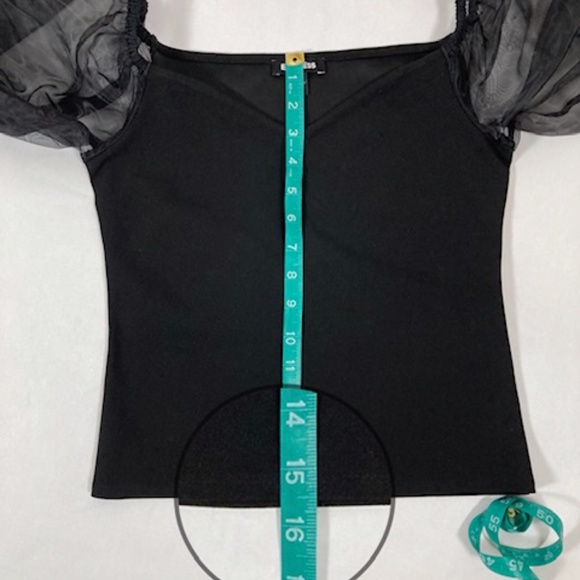 NWOT EXPRESS Feminine Black Off Shoulder Sheer Puff Sleeve Blouse XS Stretch Top - Picture 14 of 16